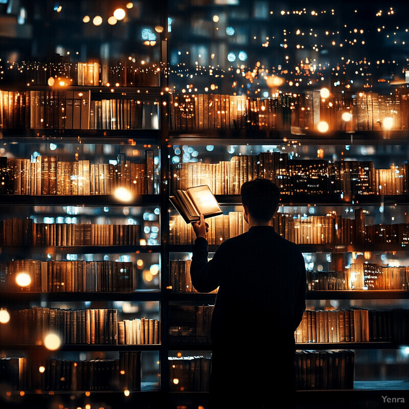 A man stands in front of a large bookshelf, illuminated by soft lighting, and holds an open book.