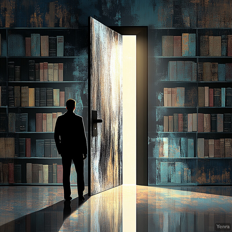 A man stands in front of two large bookshelves, facing away from the viewer towards the doorway.