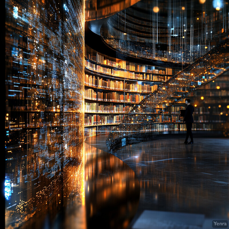 A futuristic library or archive with a curved bookshelf and a man in a suit standing on the floor.