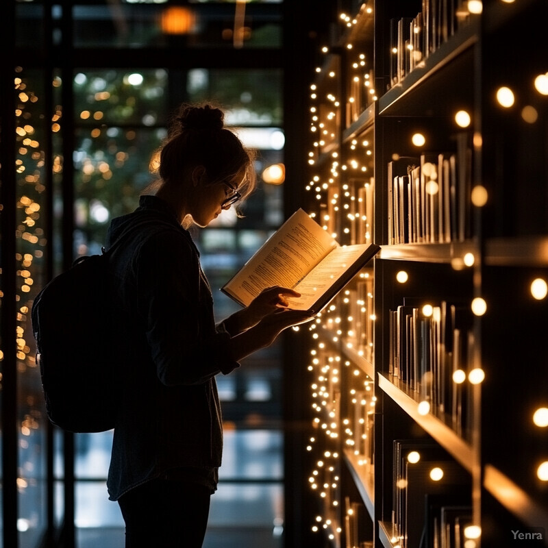 A woman stands in front of a bookshelf, engrossed in reading from an open book.