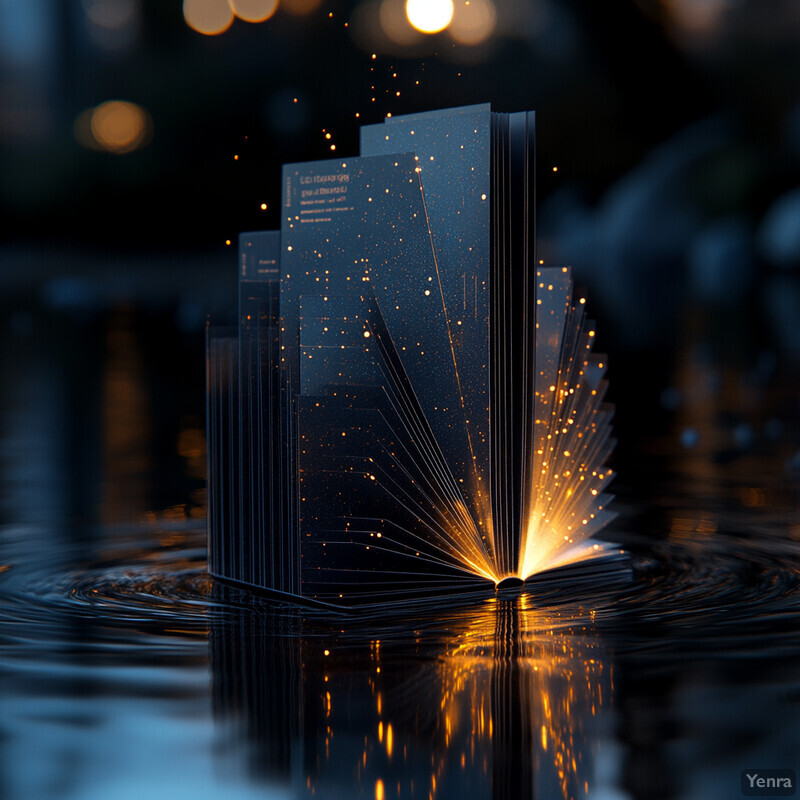 A 3D rendering of an open book floating on water in a cityscape at night.