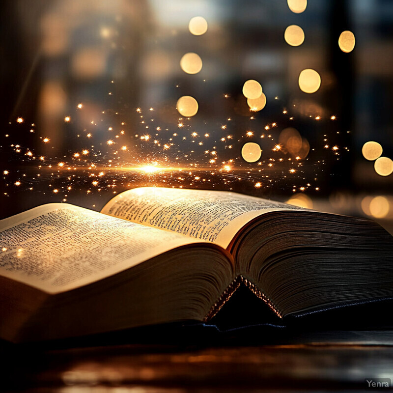 An open book with glowing pages sits on a table in a dark room or library.