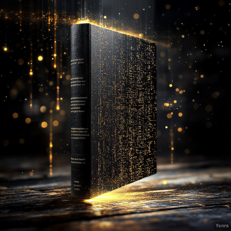 A black book with gold text and accents stands in an empty dark space.