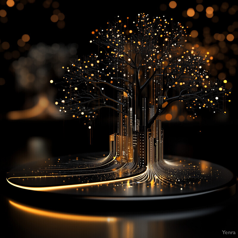 A futuristic tree with golden lights and glowing orbs in its leaves.