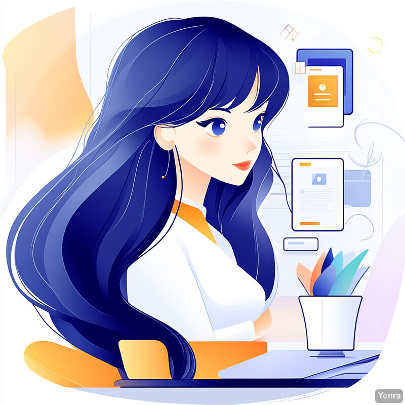 A cartoon style illustration of a woman working at her desk.