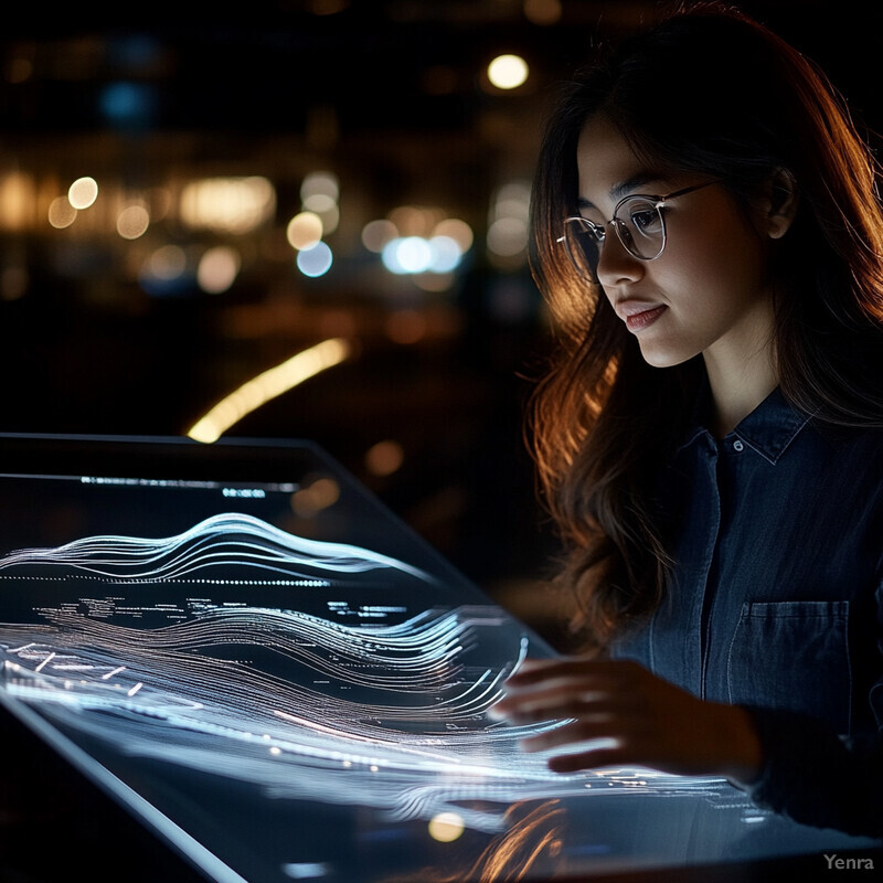 A woman examines a large screen displaying a complex data visualization in an office setting.