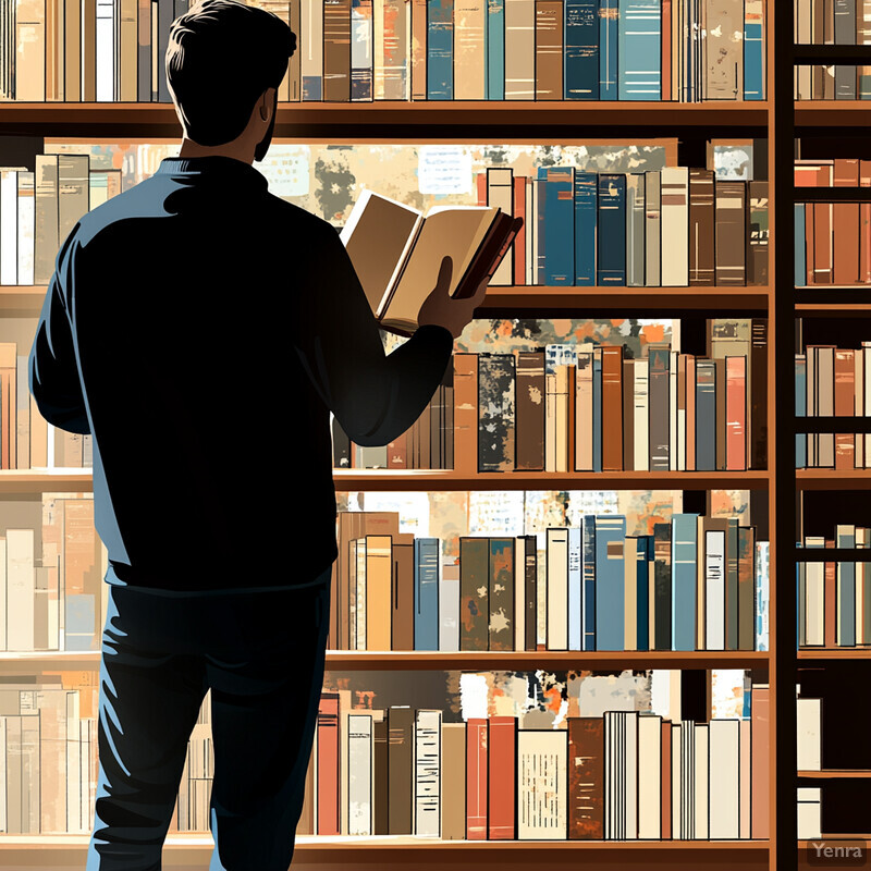 A man is reading a book in front of a bookshelf filled with books.