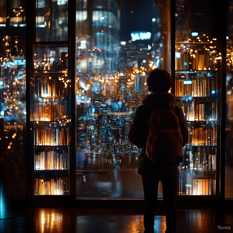 A person stands in front of a large window at night, gazing out at the city lights.