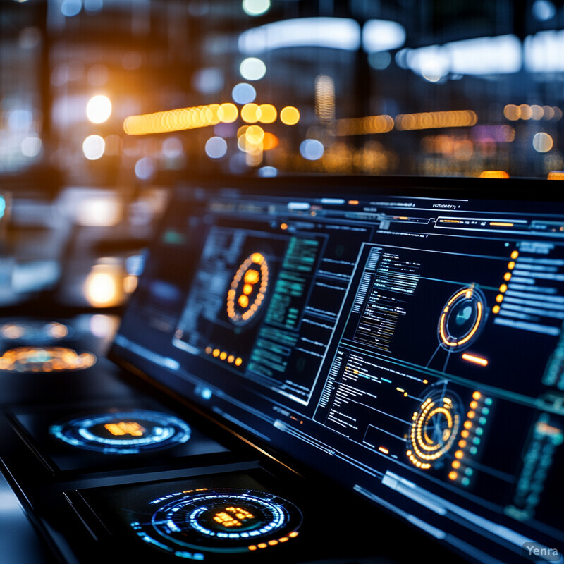 A futuristic IT/data center environment with a large curved screen displaying code and smaller screens showing graphs or charts.