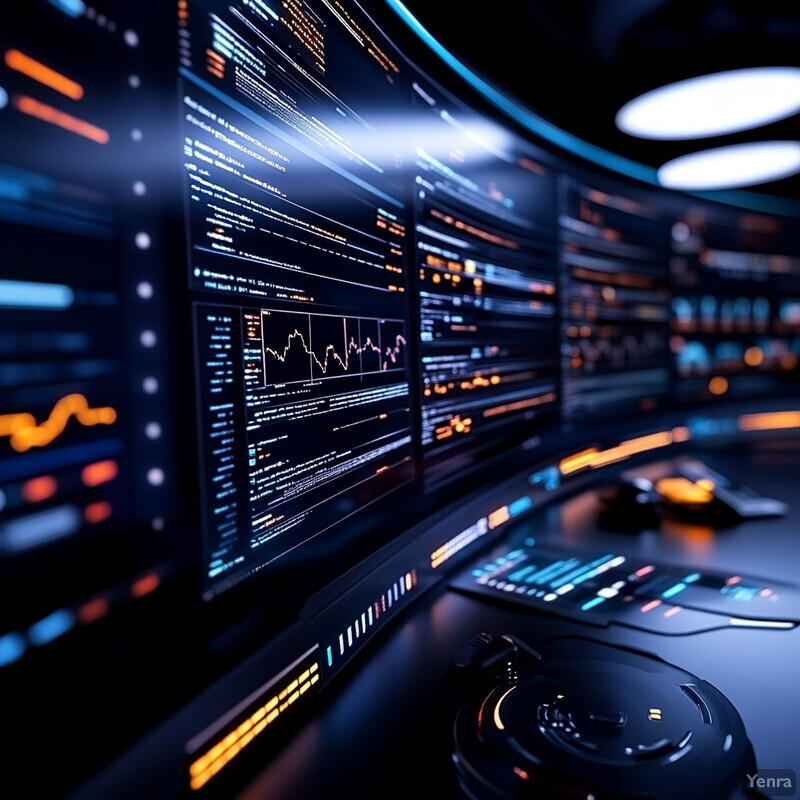 A computer workstation with multiple monitors displaying graphs and charts.