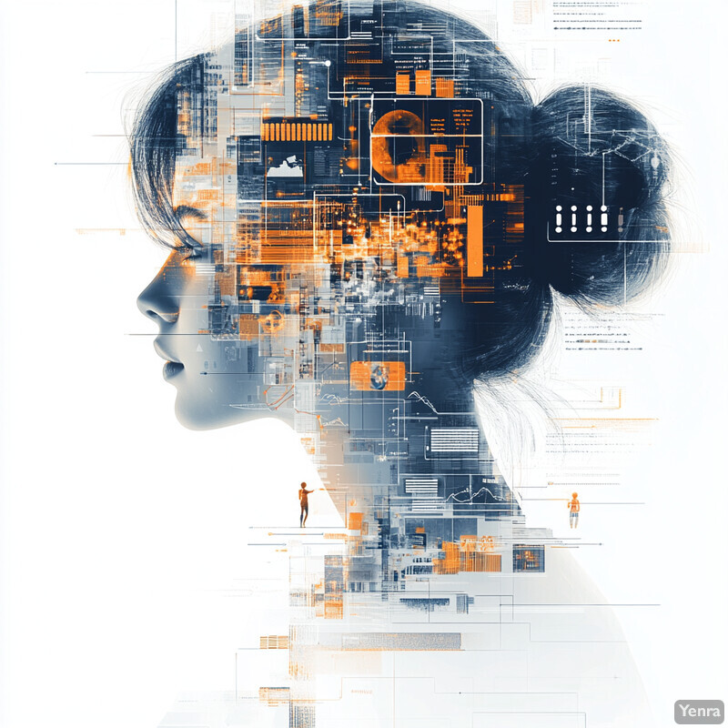 A digital illustration of a woman's head with data and charts flowing out of it, symbolizing the concept of intelligent knowledge ingestion from unstructured data.