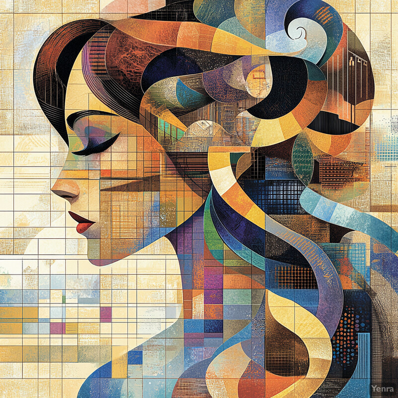 Abstract Art Piece: Woman's Face in Profile with Long Flowing Hair.