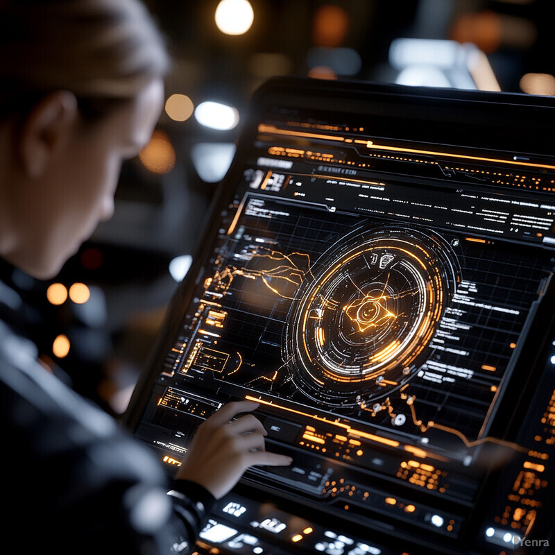 A woman examines a futuristic screen displaying advanced technology or data analysis in an office/scientific setting.