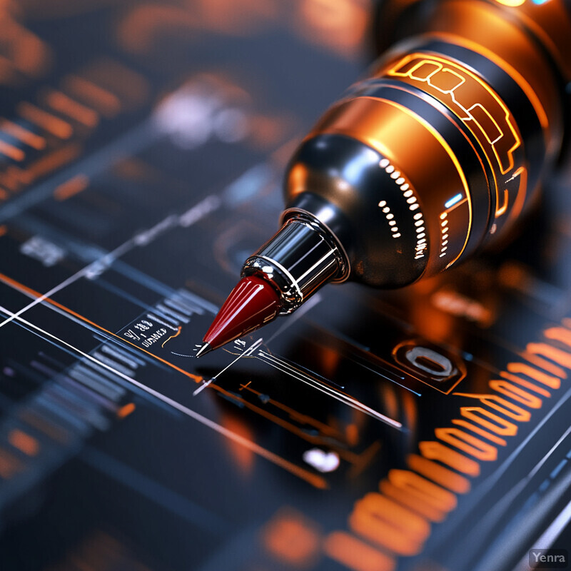 A red pen is poised over a blueprint or technical drawing on a desk.