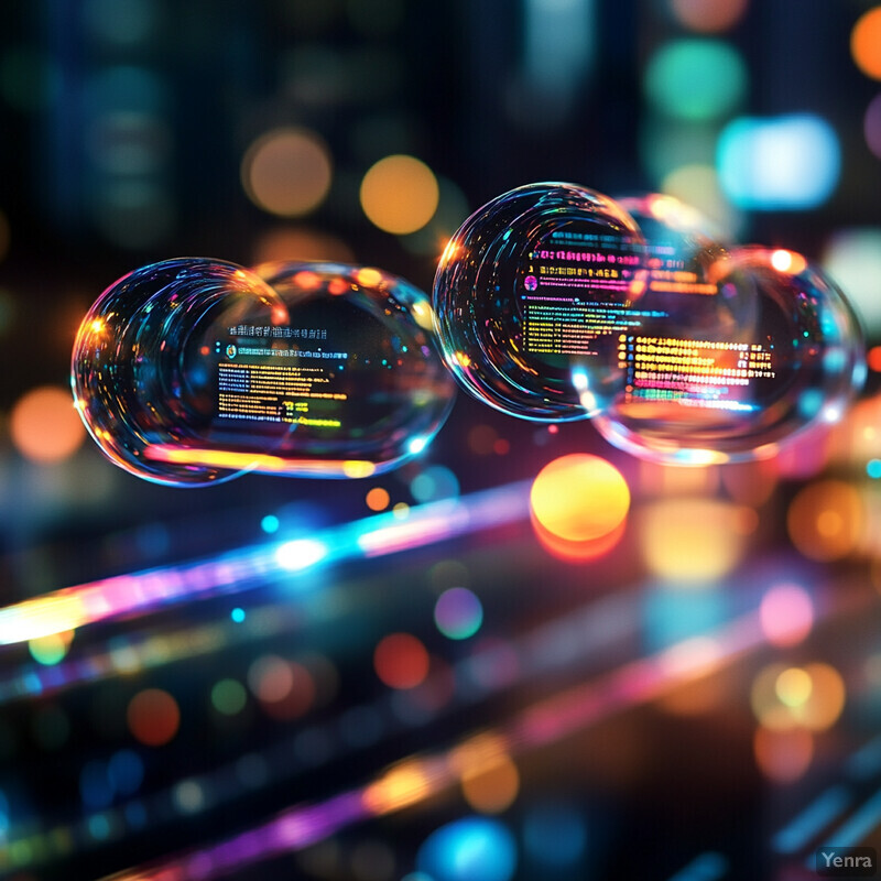 Three transparent bubbles floating above a city street at night with reflections of lights and buildings inside them