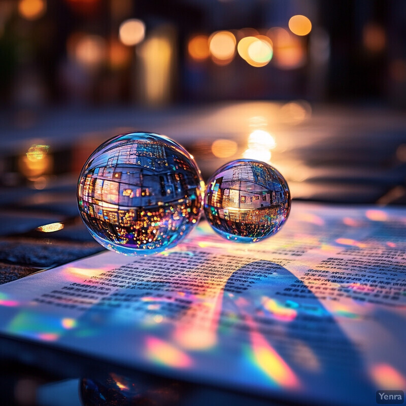 Two glass balls or marbles sit atop sheet music, reflecting colors and set against a blurred background of lights.