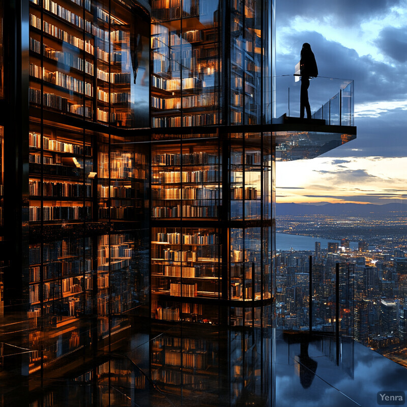 A woman stands on a glass balcony overlooking a cityscape, surrounded by shelves of books in a modern library.