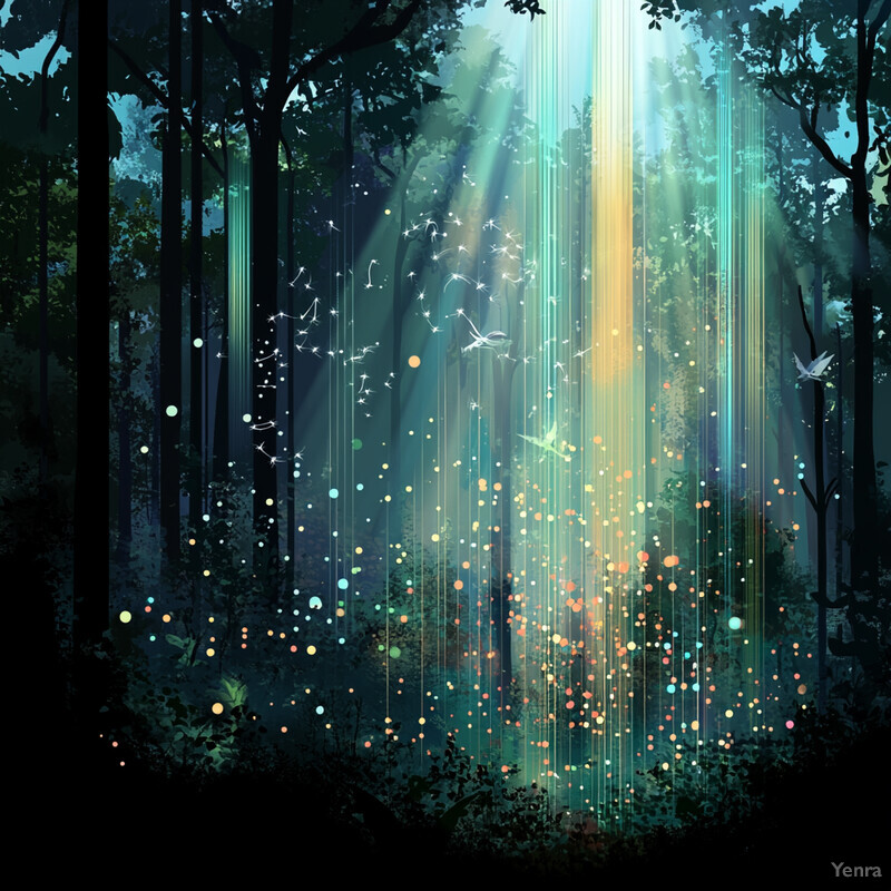 An enchanting forest scene bathed in dappled sunlight and filled with life.