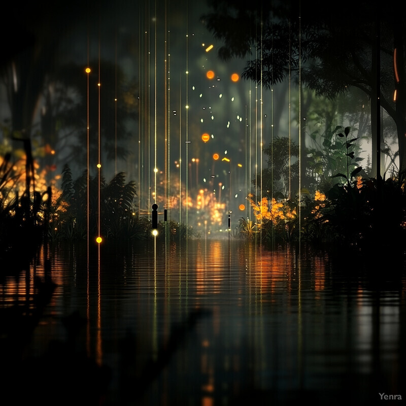 A serene and mysterious forest scene at night, with bioluminescent organisms.