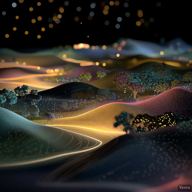 A 3D rendering of an alien landscape with dark blues and purples, swirling clouds, mountains, yellow sand, pink, blue-green hues, and ethereal beauty.