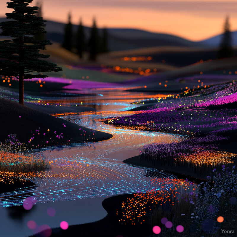 A serene landscape with a winding stream and vibrant flowers at sunset.