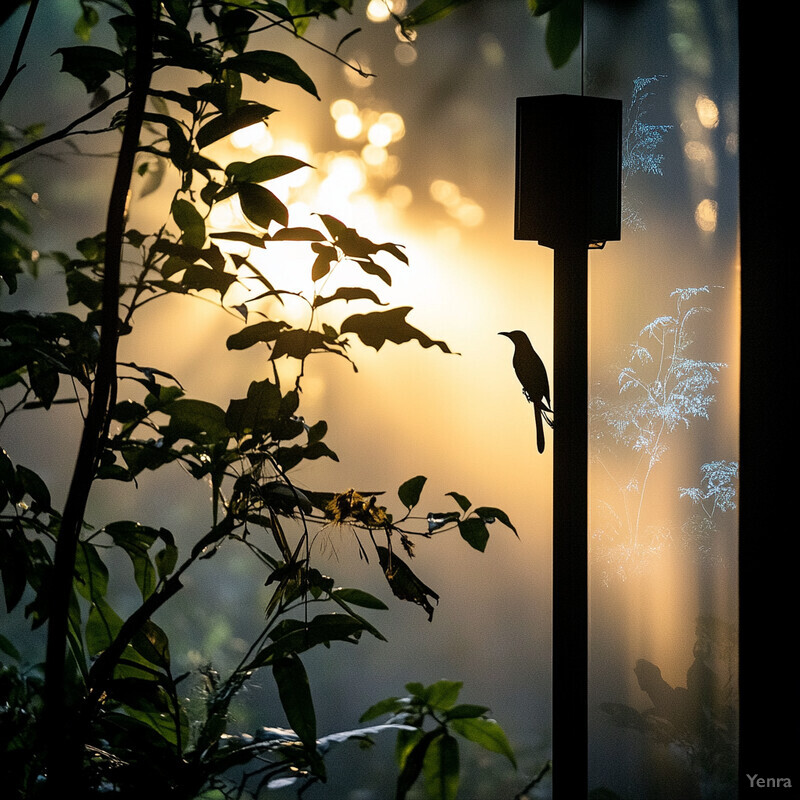 A serene forest or garden scene with sunlight filtering through leaves and a bird perched on a branch.