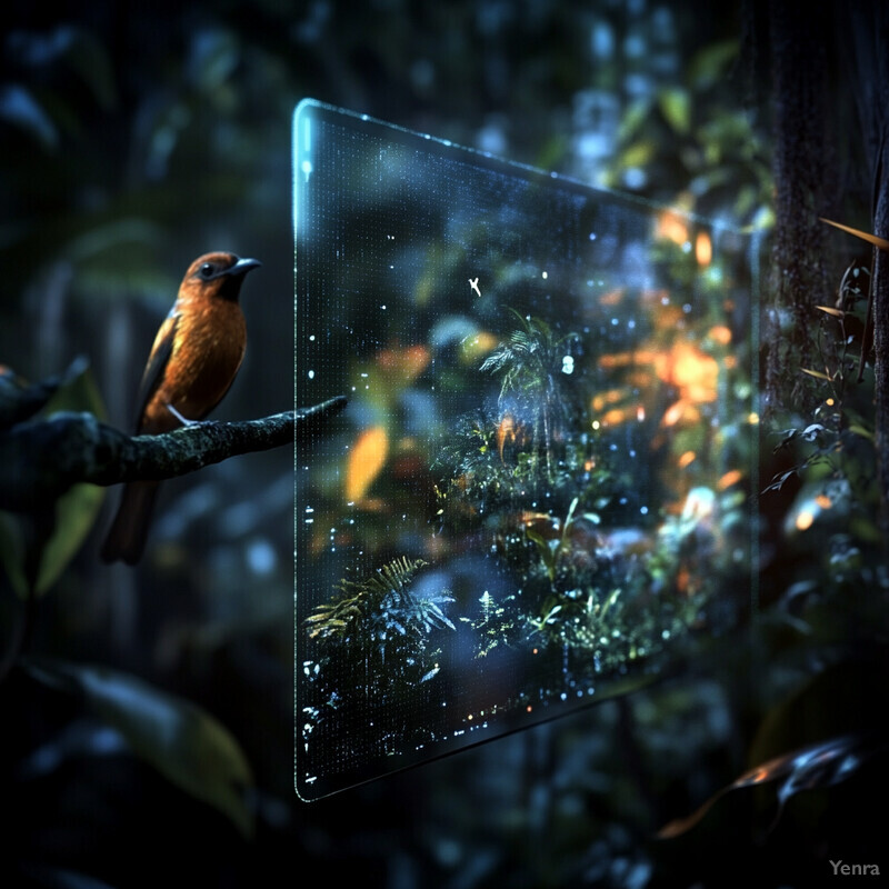 A bird perched on a branch gazes at an illuminated screen displaying a forest scene.