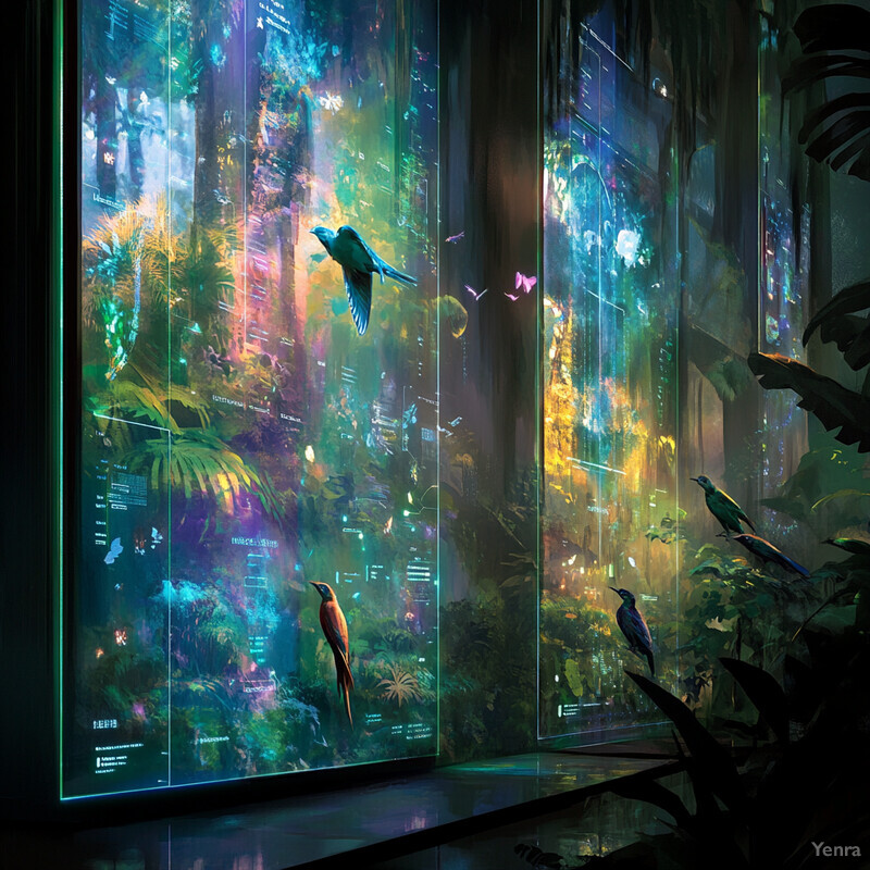 A futuristic room with large screens showing data and images of various plants and birds.