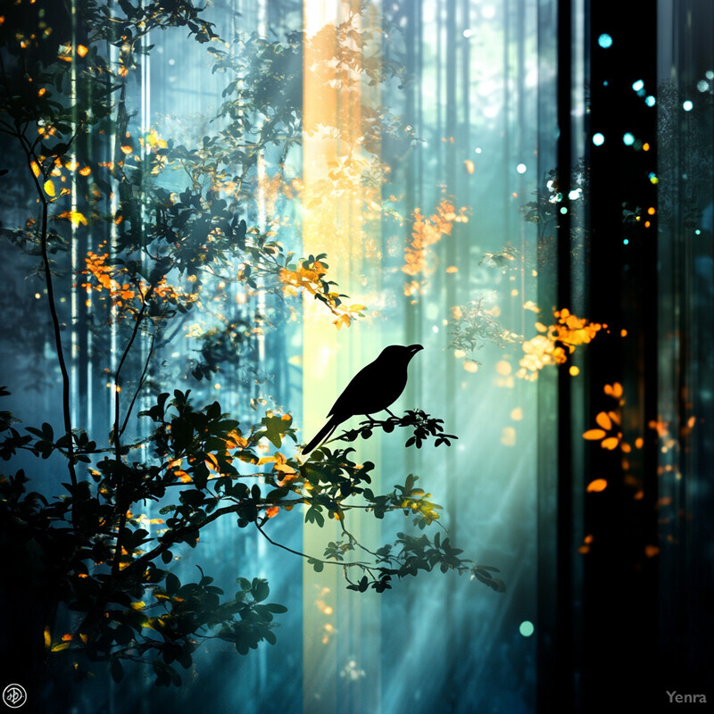 A bird perched on a tree branch in front of a window, with sunlight streaming through and casting an ethereal glow.