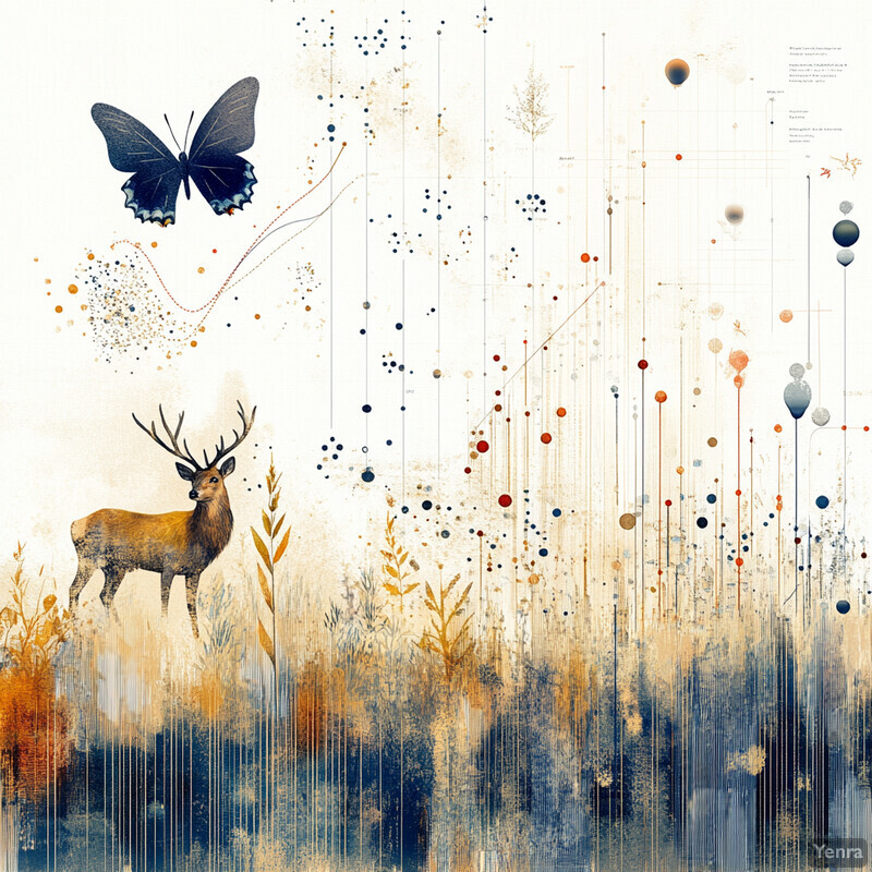 Artistic representation of biodiversity under climate change, featuring a butterfly and deer in a field.