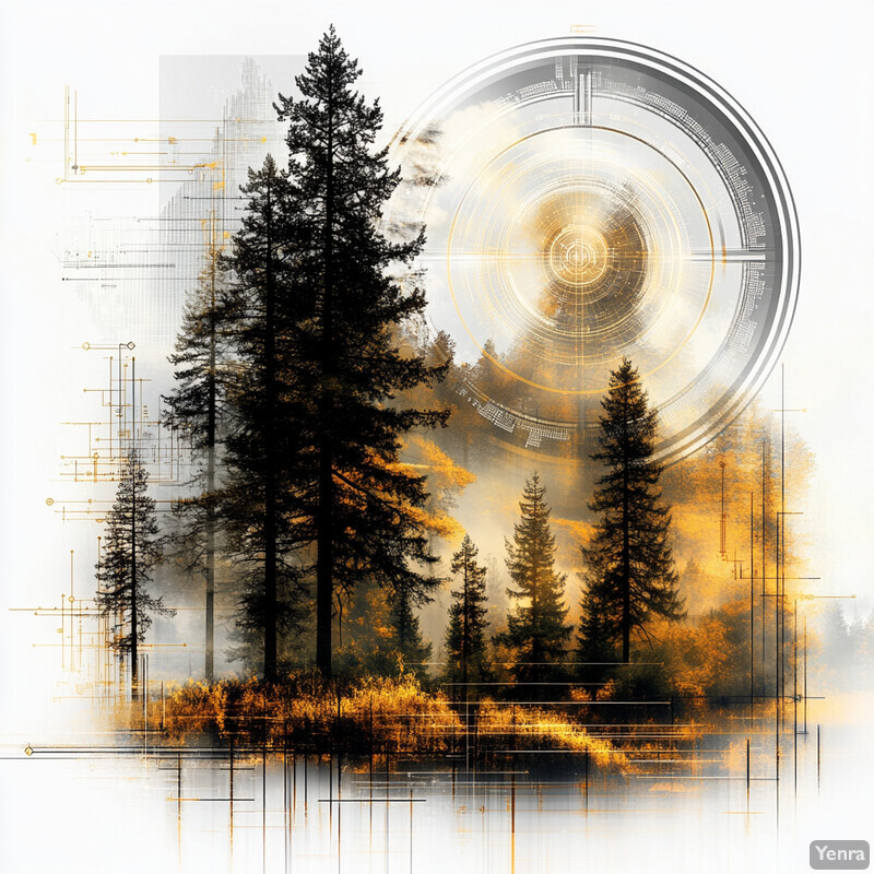 A serene forest landscape with tall trees and lush undergrowth, featuring dominant silver and gold colors.