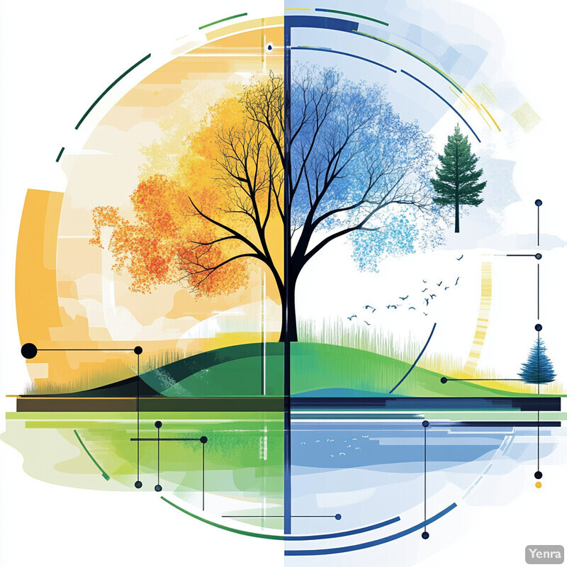 A serene landscape with a tree in each season, showcasing continuous improvement through feedback loops.