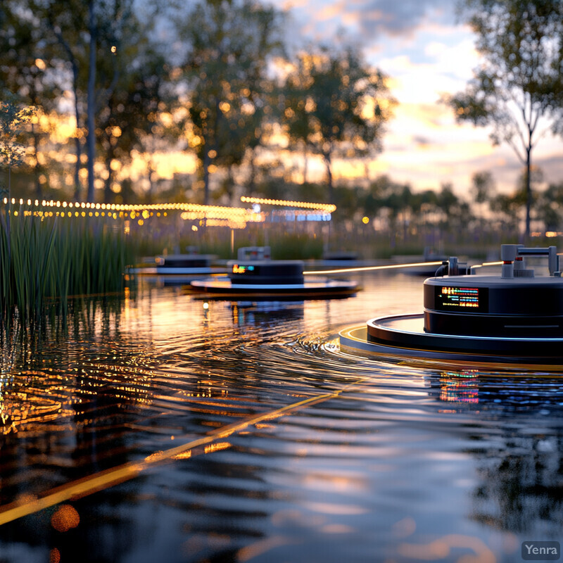 A serene pond or lake at sunset with decorative circular objects floating on its surface.