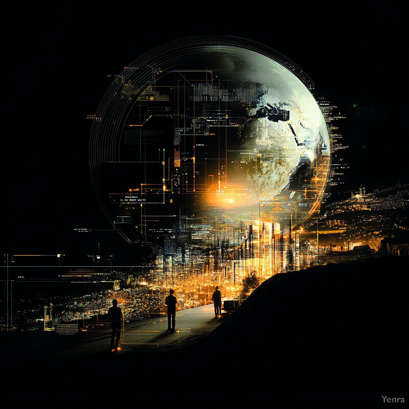 A futuristic cityscape with a glowing orb hovering above it, surrounded by alien beings.