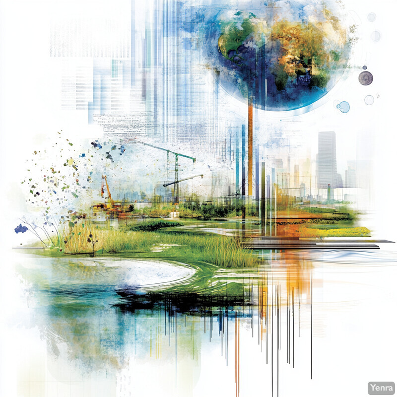 An abstract landscape featuring a globe and various natural and industrial elements.