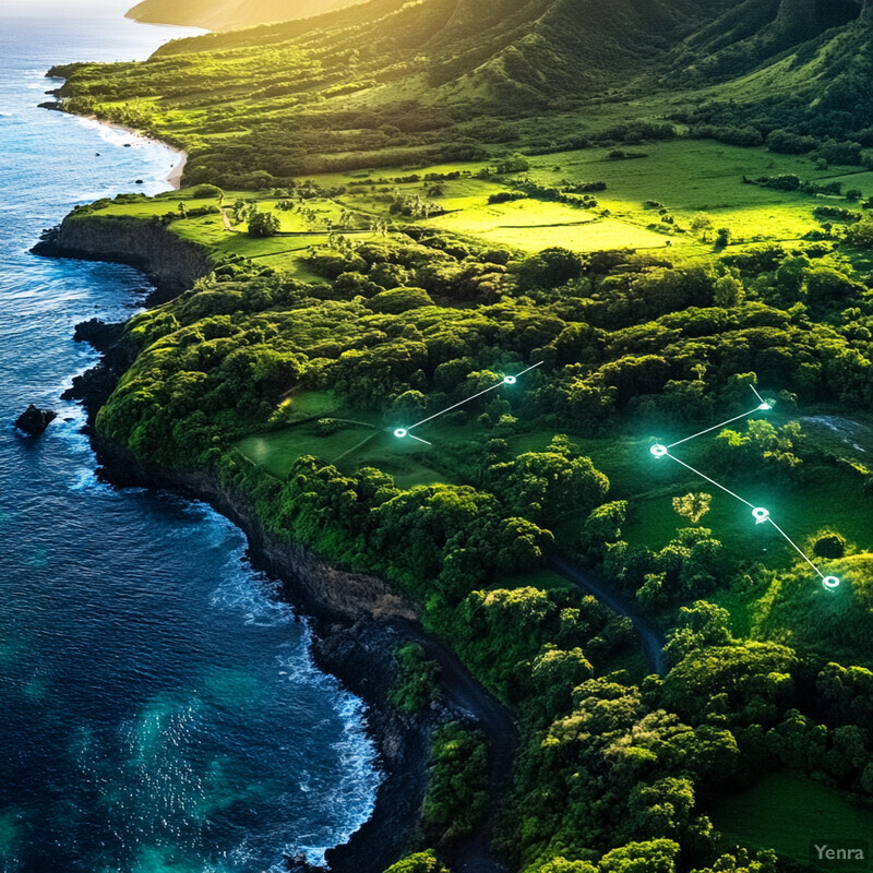 Aerial photograph of a coastal landscape with grassy hills and rocky shoreline, featuring vibrant greenery and blue waters.