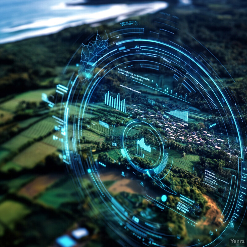 An aerial view of a landscape with fields, trees, and structures, overlaid with a circular graphic displaying data.