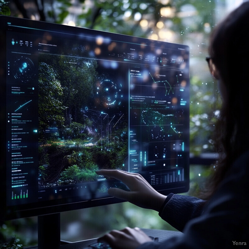 A woman is intently focused on a futuristic-looking computer monitor displaying various data and graphs.