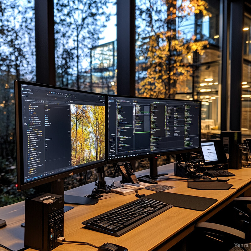 A computer workstation in an office setting with three large monitors and a keyboard and mouse.