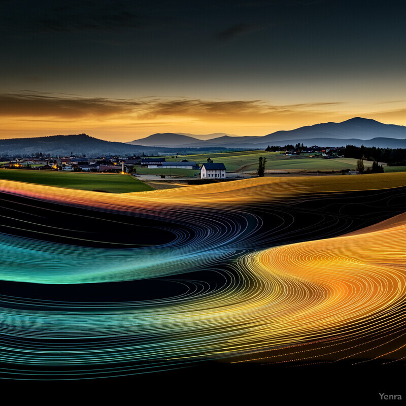 A serene landscape with rolling hills and mountains in the distance at sunrise or sunset.