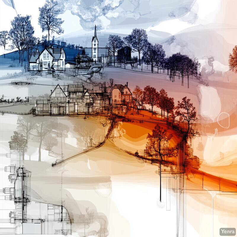 An architectural rendering of houses with trees and a watercolor effect.