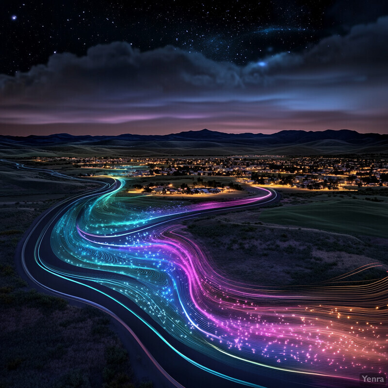 A futuristic landscape with a glowing road disappearing over a hill, set against a backdrop of mountains and a darkening sky.