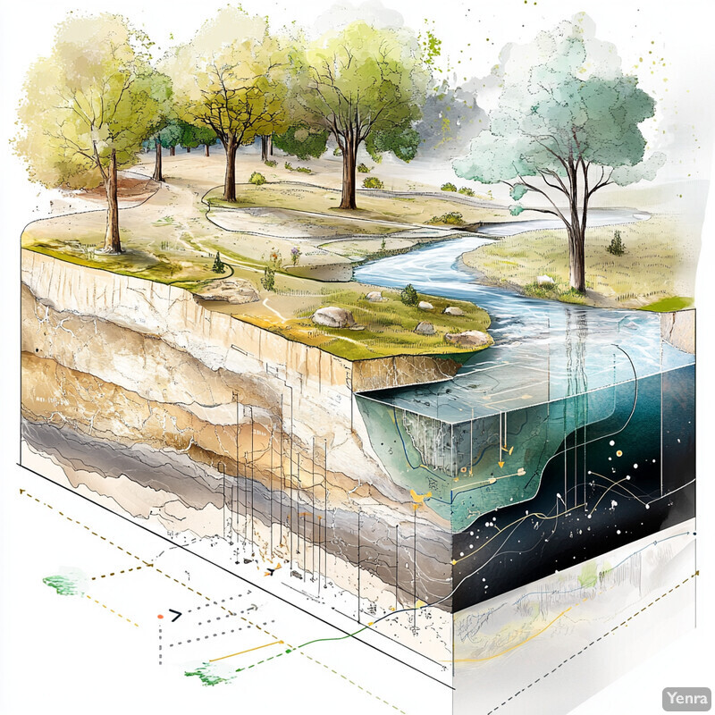 An artistic representation of groundwater and surface water modeling in a natural setting.