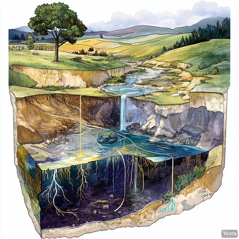 An illustration of groundwater and surface water modeling showcasing their interconnectedness.