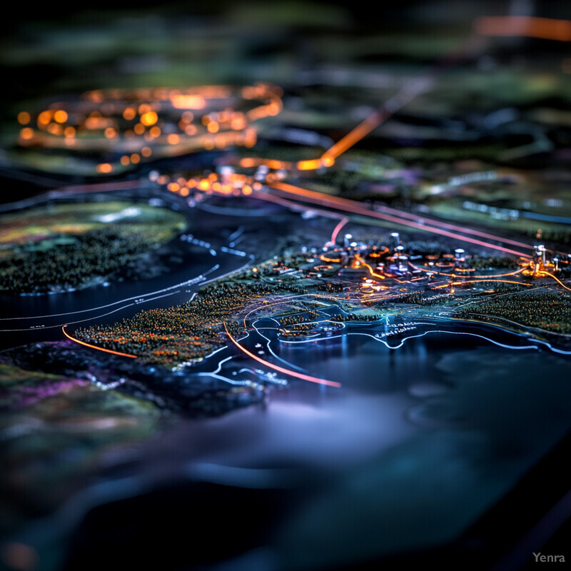 A large-scale map of an urban area at night, highlighting various features and landmarks.