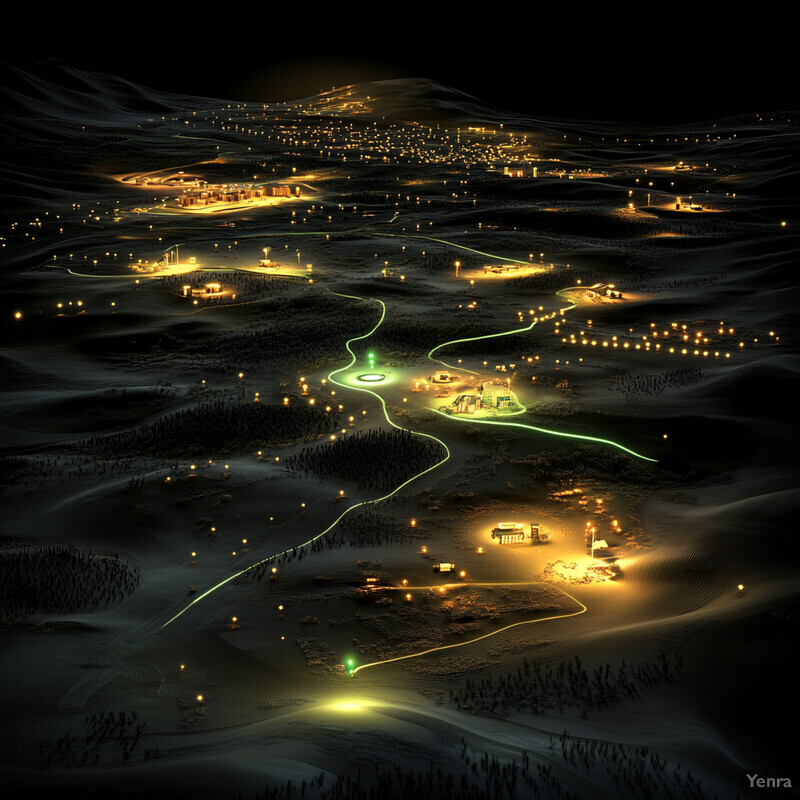 Aerial view of a desert-like landscape with numerous small lights scattered throughout.