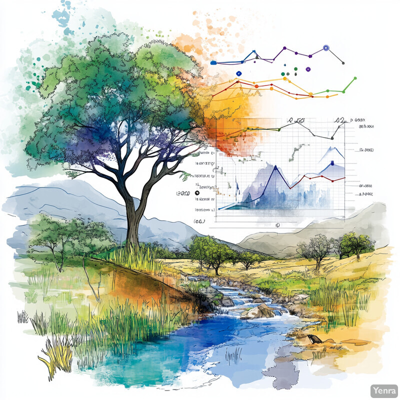 An infographic illustrating predictive modeling of ecosystem impacts with a visually striking watercolor-style illustration of a tree and stream in a natural setting.