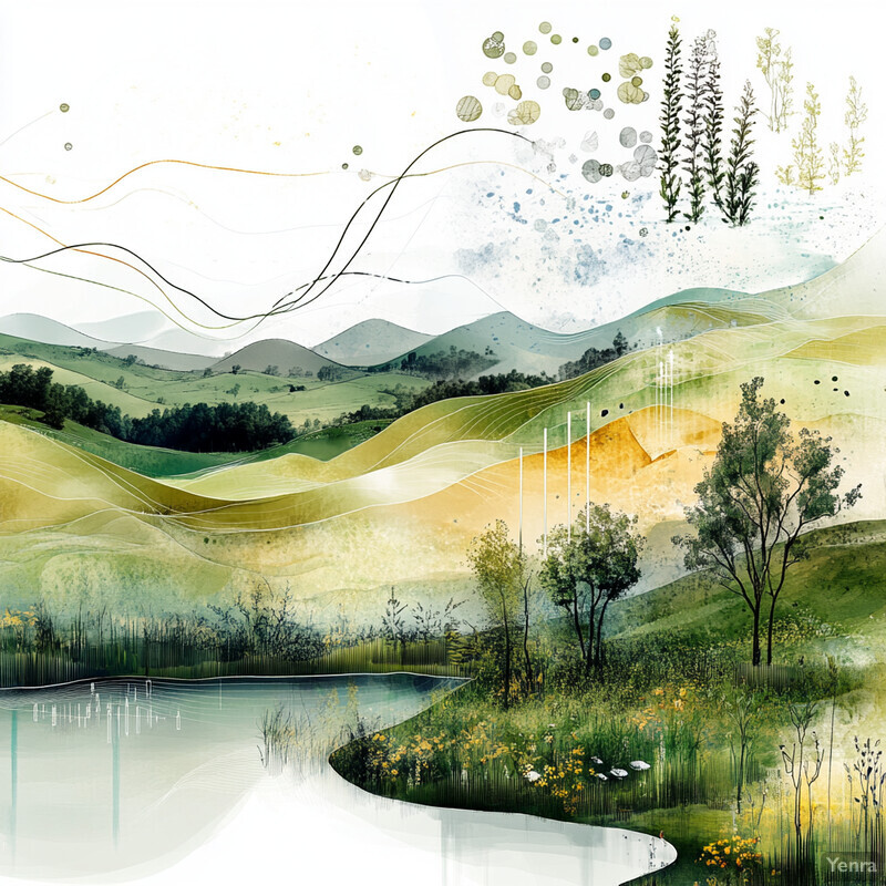 A digital artwork featuring a serene outdoor landscape with rolling hills, mountains, a river, trees, and flowers.