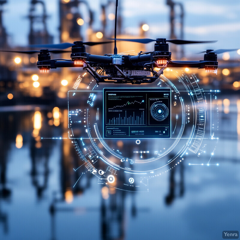 A drone equipped with sensors and cameras hovers above a river or lake in an urban setting.