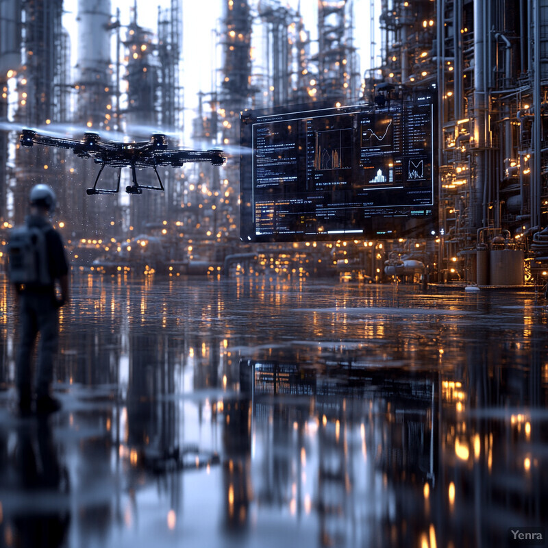 A futuristic scene with real-time environmental monitoring and a drone flying over a wet floor.